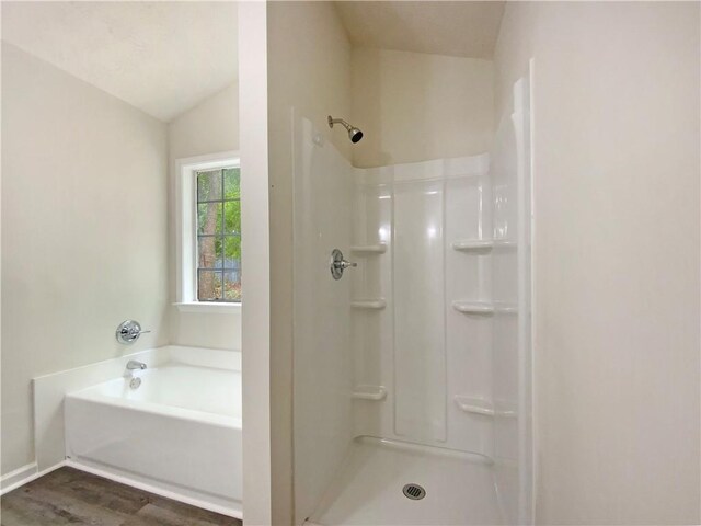 2012 Elm Grove Ln, Hampton, GA 30228 - full bathroom featuring a bath, vaulted ceiling, walk in shower, wood finished floors, and baseboards