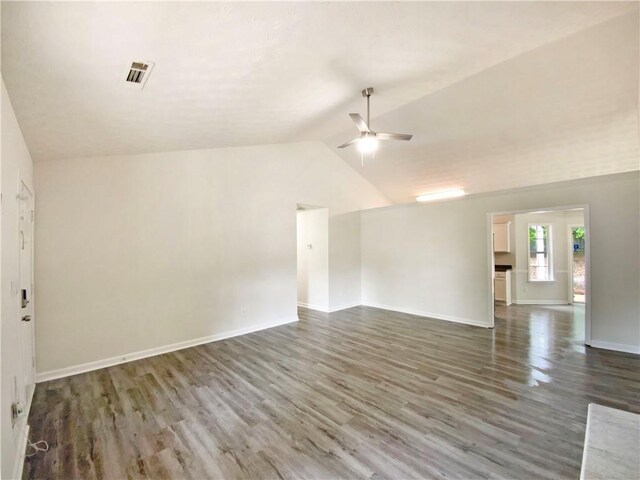 2012 Elm Grove Ln, Hampton, GA 30228 - spare room with ceiling fan, visible vents, baseboards, wood finished floors, and vaulted ceiling