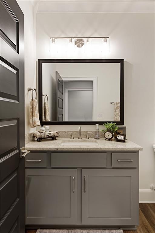 bathroom with vanity, wood finished floors, ornamental molding, and baseboards