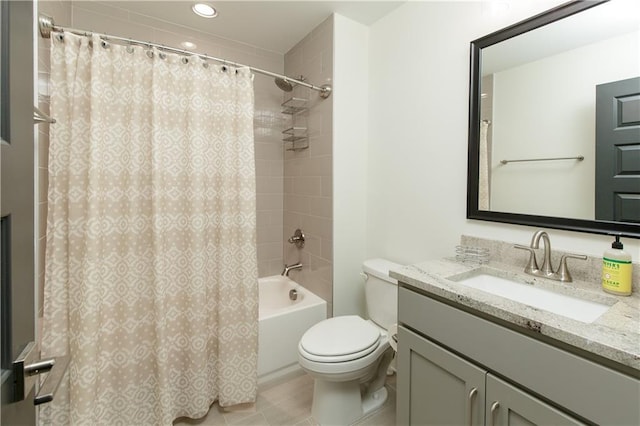 full bath featuring toilet, vanity, shower / bath combo, recessed lighting, and tile patterned flooring