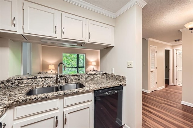 1800 Clairmont Lk Unit A310, Decatur, GA 30033 - kitchen with dishwasher, wood finished floors, white cabinets, stone counters, and crown molding