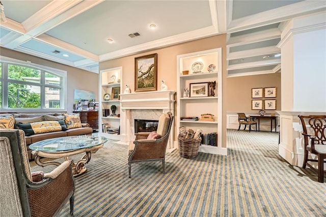 1800 Clairmont Lk Unit A310, Decatur, GA 30033 - carpeted living area featuring ornamental molding, a fireplace, beam ceiling, coffered ceiling, and built in features