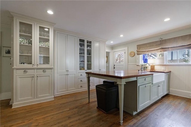 202 Lakeview Ave, Atlanta, GA 30305 - kitchen featuring glass insert cabinets, white cabinets, a sink, dark wood-style flooring, and crown molding