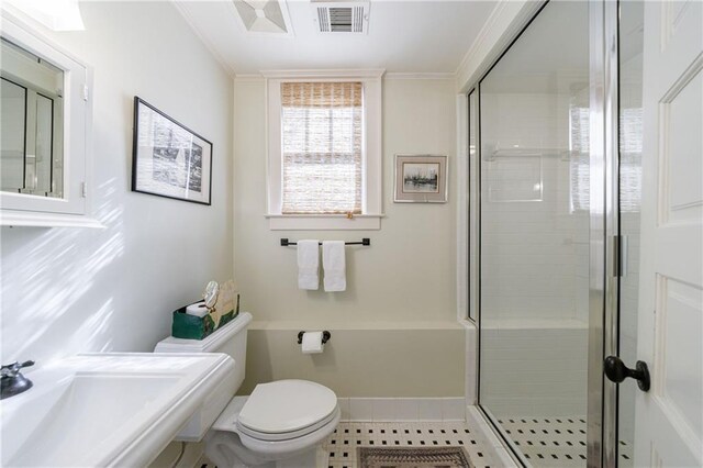 202 Lakeview Ave, Atlanta, GA 30305 - bathroom with tile patterned flooring, toilet, a shower stall, visible vents, and a sink