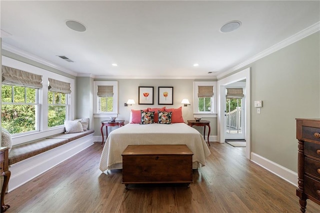 202 Lakeview Ave, Atlanta, GA 30305 - bedroom with visible vents, baseboards, ornamental molding, wood finished floors, and access to exterior