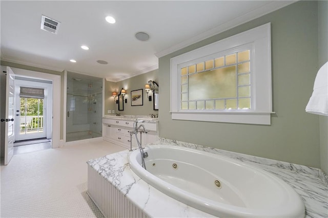 202 Lakeview Ave, Atlanta, GA 30305 - bathroom featuring double vanity, a stall shower, crown molding, visible vents, and a tub with jets