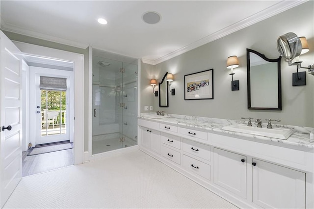 202 Lakeview Ave, Atlanta, GA 30305 - bathroom with double vanity, a sink, a stall shower, and crown molding