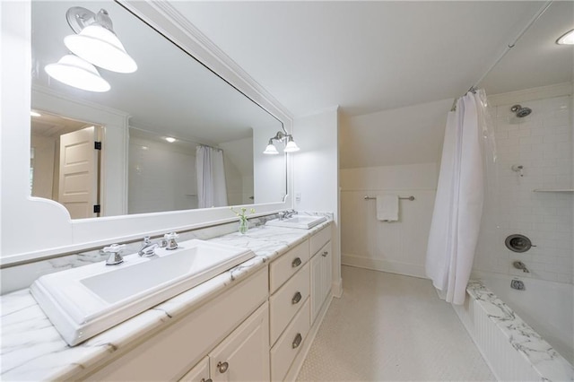 202 Lakeview Ave, Atlanta, GA 30305 - bathroom featuring shower / bathtub combination with curtain, double vanity, and a sink