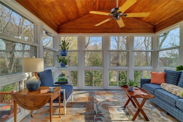 sunroom with lofted ceiling, wooden ceiling, and ceiling fan