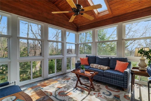 sunroom with wood ceiling, plenty of natural light, and lofted ceiling with skylight