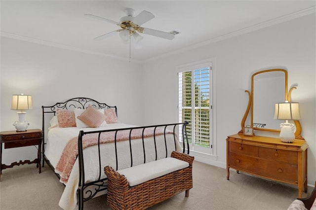 bedroom with light colored carpet, ornamental molding, and ceiling fan