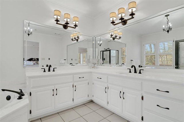 bathroom with tile patterned flooring, ornamental molding, vanity, separate shower and tub, and a notable chandelier