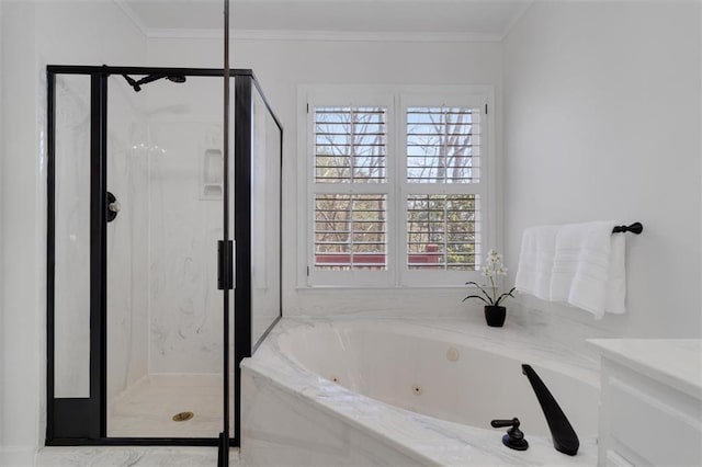 bathroom with independent shower and bath and crown molding