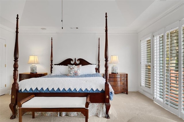 carpeted bedroom with ornamental molding