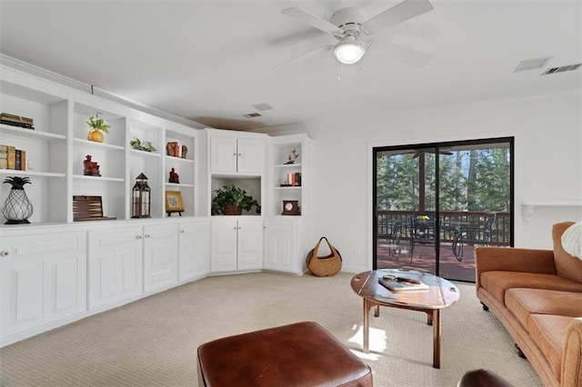 living room featuring light colored carpet and ceiling fan