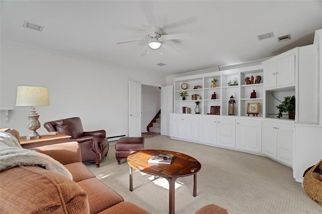 living room with a baseboard radiator, light colored carpet, and ceiling fan