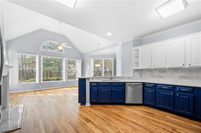 kitchen featuring blue cabinetry, sink, white cabinetry, hanging light fixtures, and dishwasher