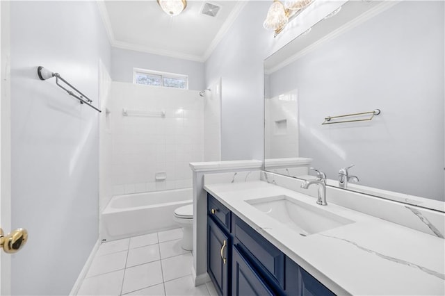 full bathroom with tiled shower / bath, tile patterned flooring, vanity, toilet, and crown molding