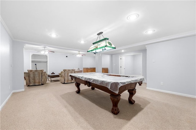 rec room featuring pool table, crown molding, and light colored carpet