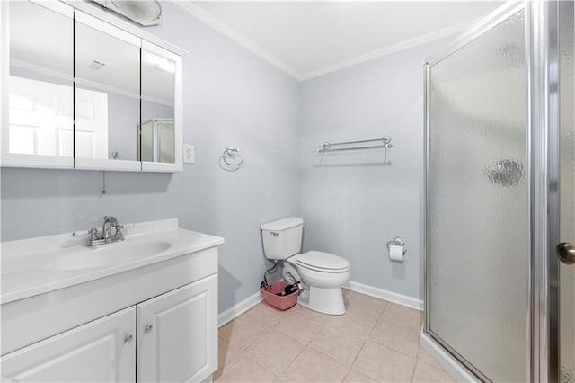 bathroom featuring crown molding, tile patterned floors, vanity, and a shower with door