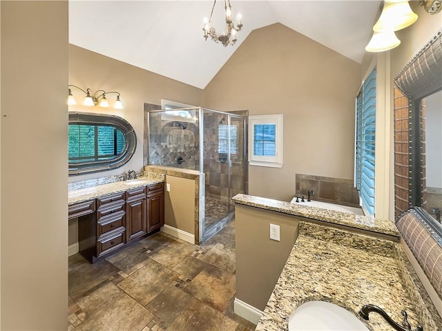 bathroom featuring high vaulted ceiling, shower with separate bathtub, and vanity