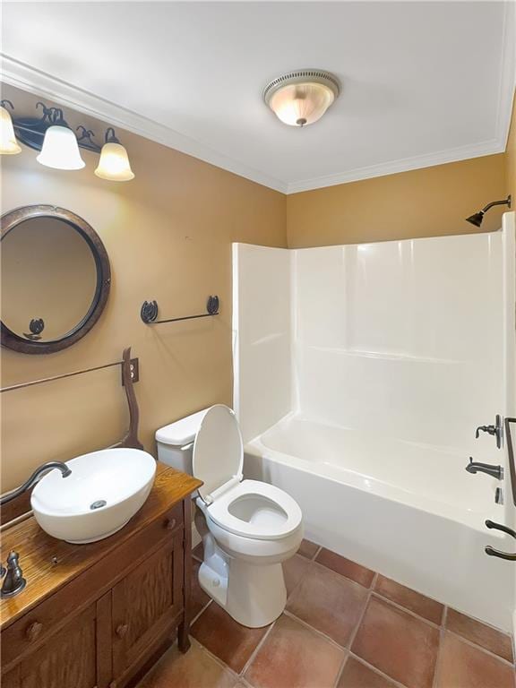 full bathroom with vanity, tile patterned flooring, shower / washtub combination, crown molding, and toilet