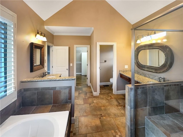 bathroom featuring lofted ceiling, a tub to relax in, ornamental molding, vanity, and toilet