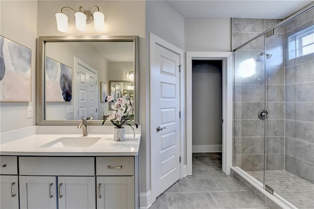 bathroom with tile patterned floors, vanity, and an enclosed shower