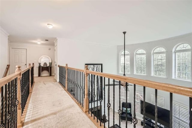 hall with light carpet and crown molding