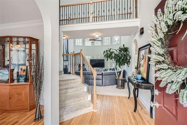 foyer with wood-type flooring, ornamental molding, plenty of natural light, and a high ceiling