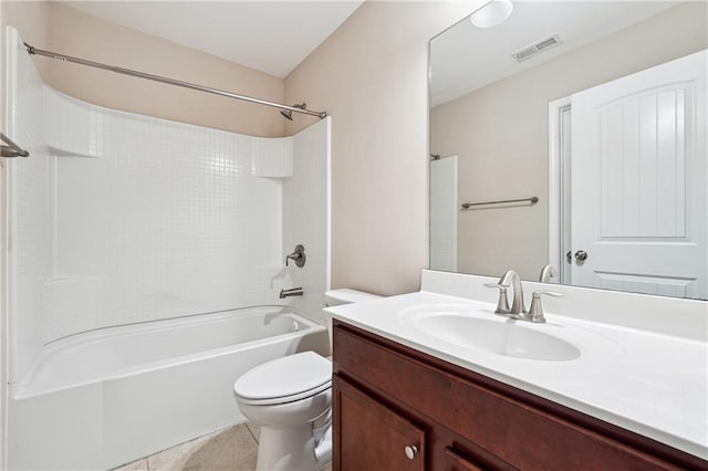 bathroom featuring vanity,  shower combination, toilet, and visible vents