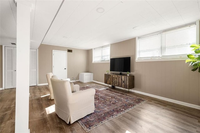 living room featuring wood-type flooring and wooden walls