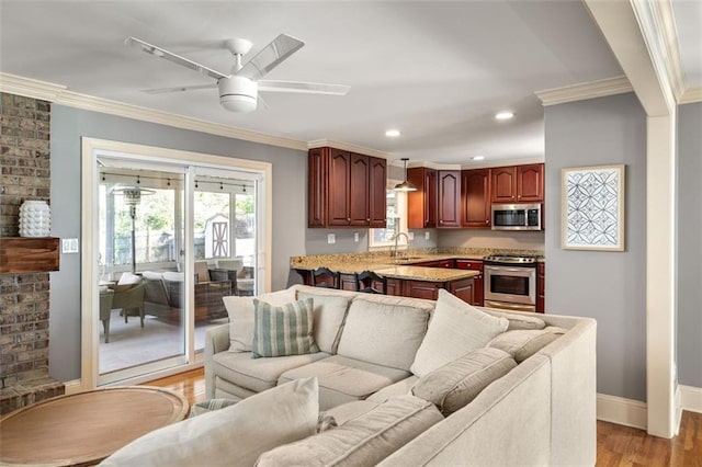 living room with light hardwood / wood-style flooring, ceiling fan, crown molding, and sink