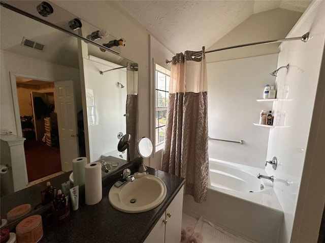 5546 Wellborn Creek Dr, Lithonia, GA 30058 - bathroom with shower / bathtub combination with curtain, vanity, and vaulted ceiling