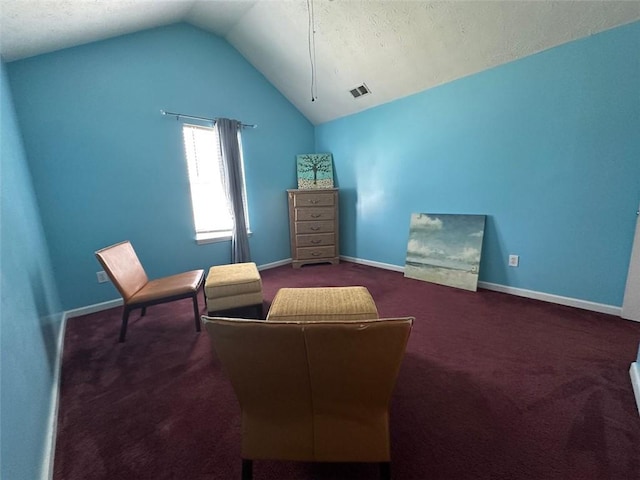 5546 Wellborn Creek Dr, Lithonia, GA 30058 - sitting room featuring lofted ceiling, carpet floors, baseboards, and a textured ceiling