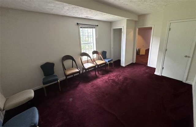 5546 Wellborn Creek Dr, Lithonia, GA 30058 - sitting room with a textured ceiling, dark colored carpet, and baseboards