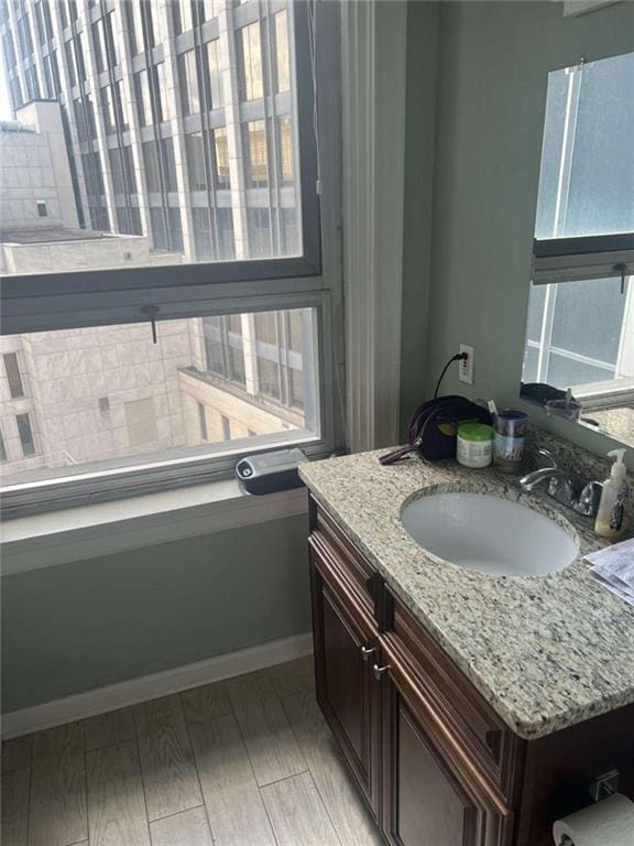 bathroom featuring wood-type flooring and vanity