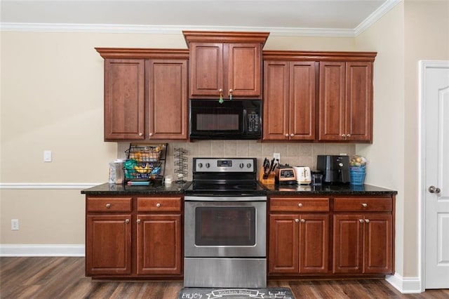 kitchen featuring tasteful backsplash, ornamental molding, stainless steel electric range oven, dark hardwood / wood-style flooring, and dark stone counters