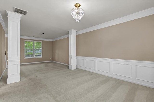 3039 Tuscan Ridge Dr, Snellville, GA 30039 - unfurnished living room with decorative columns, ornamental molding, light colored carpet, a chandelier, and baseboards