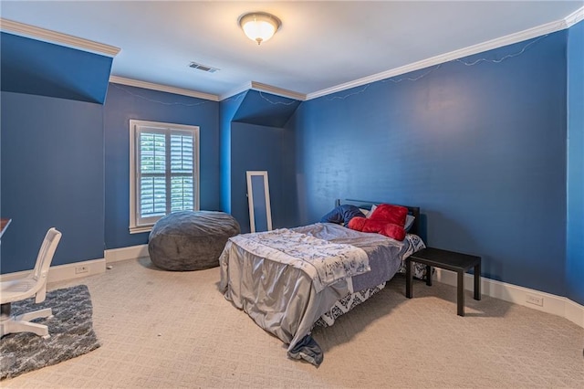 bedroom featuring crown molding, carpet flooring, and baseboards