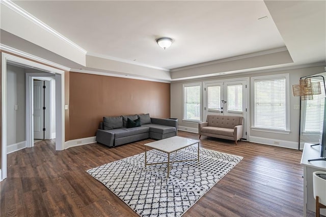 living area featuring a raised ceiling, wood finished floors, crown molding, and baseboards