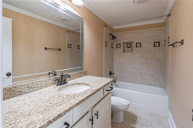 bathroom featuring toilet, bathtub / shower combination, tile patterned flooring, vanity, and crown molding