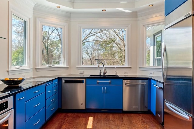 kitchen featuring dark countertops, blue cabinetry, appliances with stainless steel finishes, and a sink