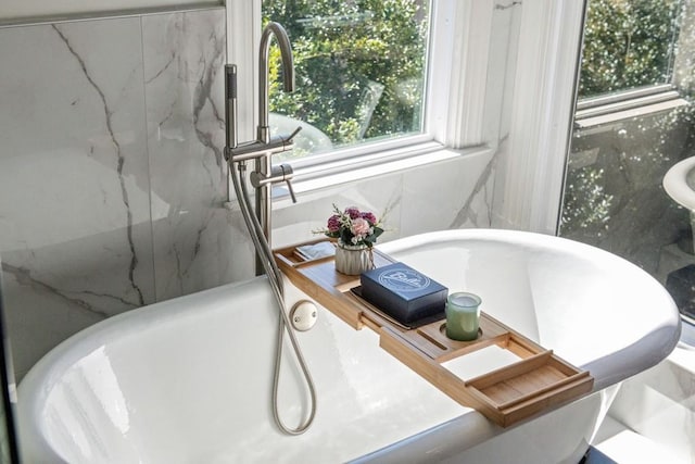 bathroom with a soaking tub