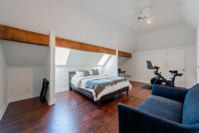 bedroom featuring ceiling fan, dark wood-type flooring, visible vents, baseboards, and lofted ceiling with skylight