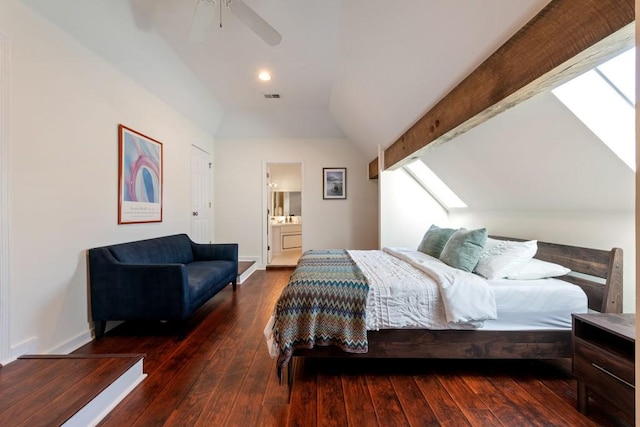 bedroom with baseboards, visible vents, lofted ceiling with beams, and hardwood / wood-style floors