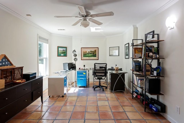 tiled office space with ornamental molding, visible vents, baseboards, and a ceiling fan