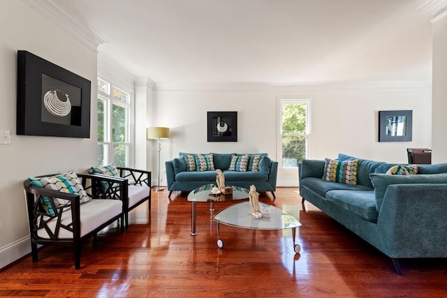 living room featuring baseboards, ornamental molding, and wood finished floors