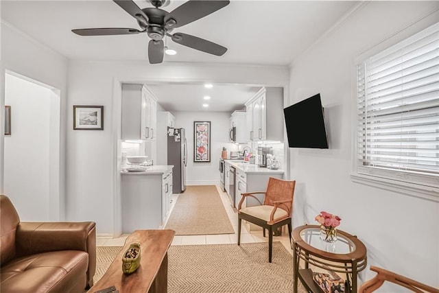 728 Antone St NW, Atlanta, GA 30318 - living room with ceiling fan, light tile patterned flooring, and recessed lighting
