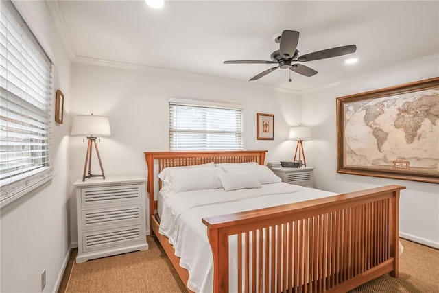 728 Antone St NW, Atlanta, GA 30318 - bedroom with carpet floors, recessed lighting, ornamental molding, baseboards, and ceiling fan
